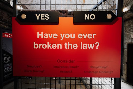Red sign with yes or no options, questioning law breaking actions like drug use or shoplifting.