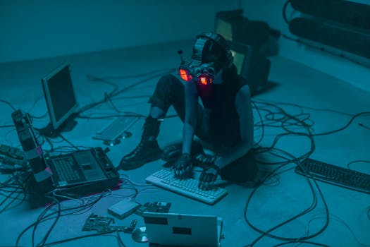 A woman in VR gear surrounded by computers and cables, immersed in a virtual simulation.