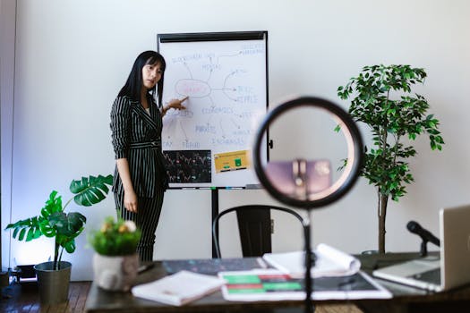 Asian woman presenting cryptocurrency concepts in an office setting with a whiteboard and plants.