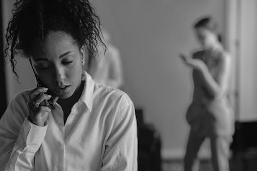 Black and white portrait of a woman talking on the phone with background figures.